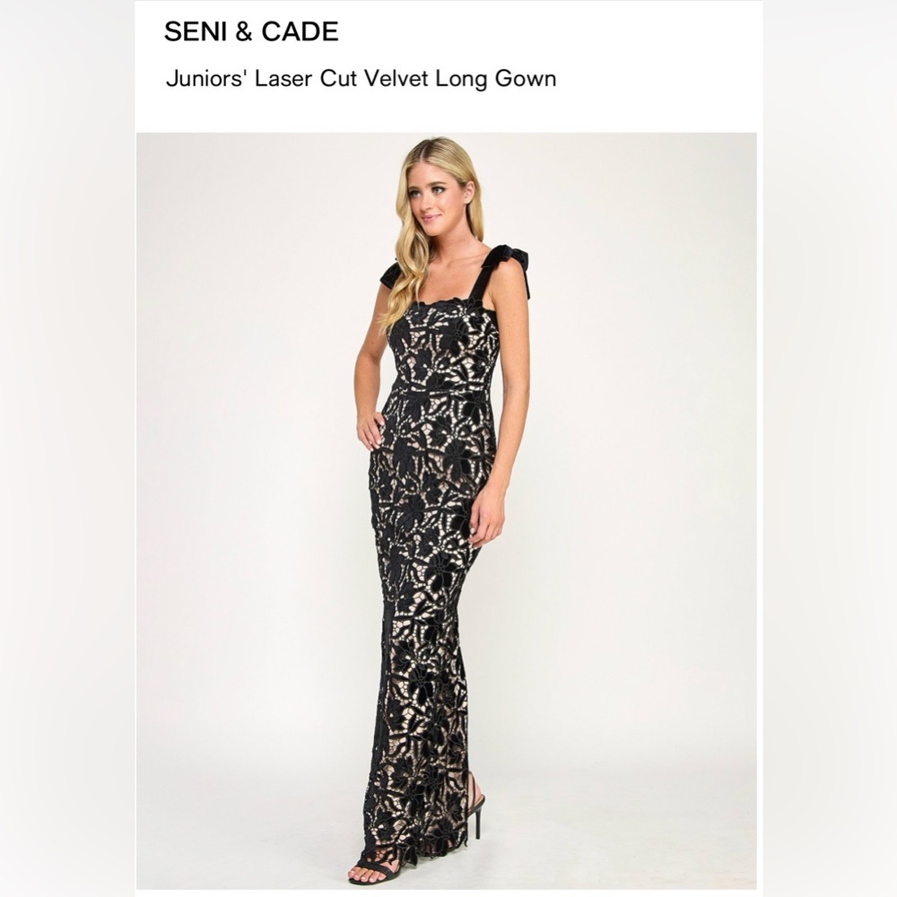 Seni & Cade Black Laser-Cut Velvet Long Gown NWT